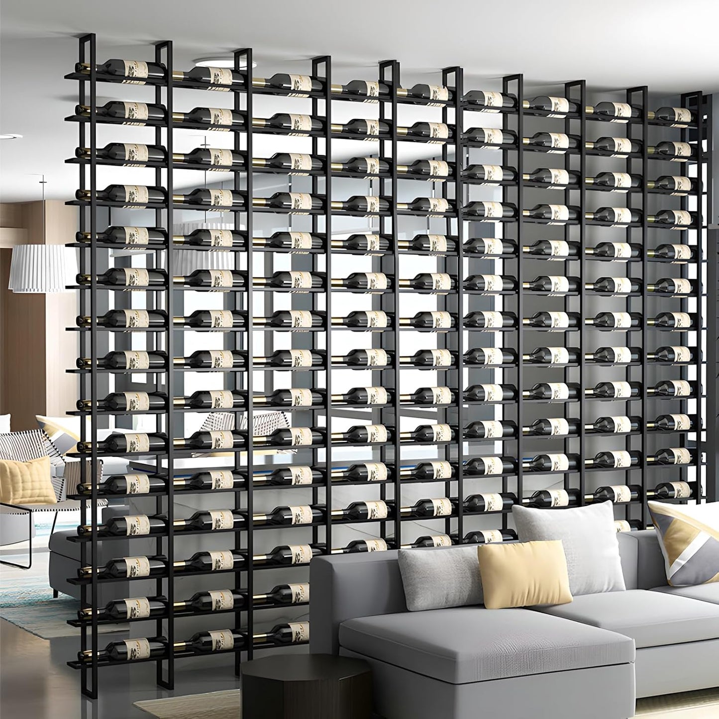 Wine Rack Freestanding Floor, 16 Tier 48 Bottle Capacity Display Holder, Industrial Wine Bottle Storage Shelves, for Any Bar, Wine Cellar, Kitchen, Dining Room (Gold, 3 Column)