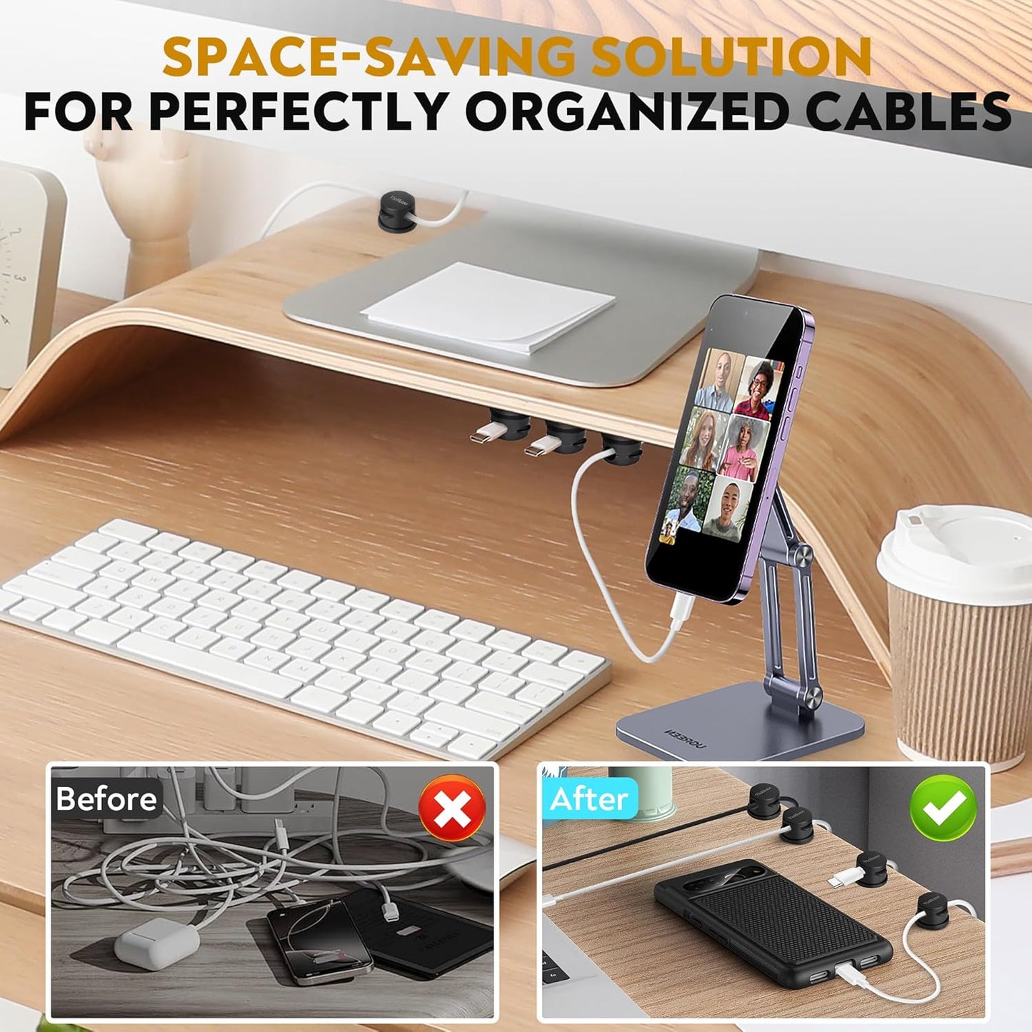 8 Pack Magnetic Cable Management Clips - Ideal Cord Holder for Nightstand, Desk, Charger Holder - Phone Cord Holder w/360 Rotation