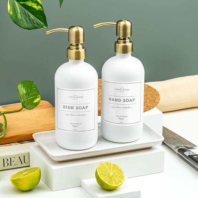 Vine Creations Glass Soap Dispenser, 2 Pack Kitchen Soap Dispenser Set with Ceramic Tray, Stainless Steel Pump, Dish Soap and Hand Soap Dispensers for Bathroom or Kitchen Decor with Waterproof Labels