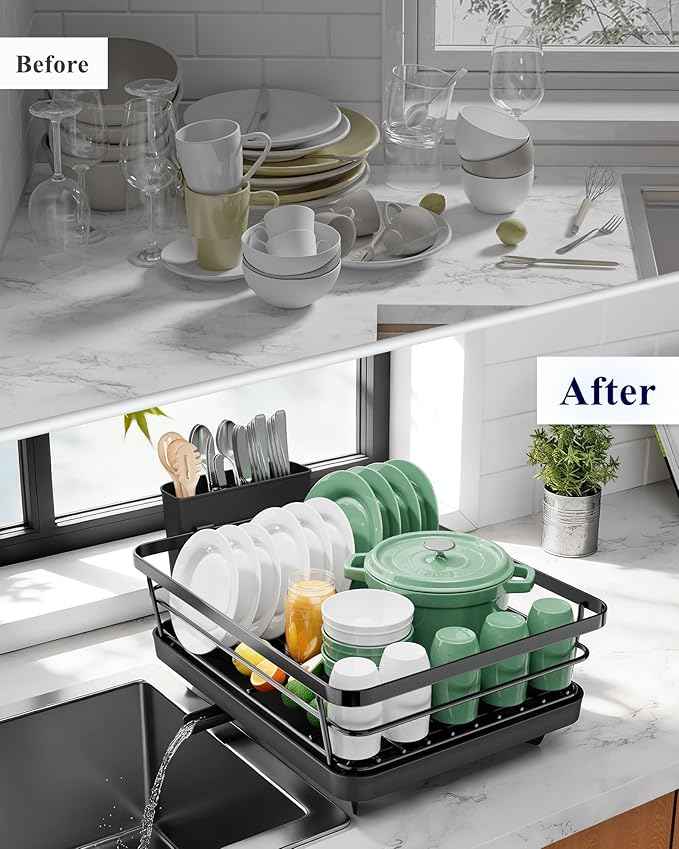 Kitsure Dish Drying Rack for Kitchen Counter, Stainless Steel Sink Organization and Storage Essentials with Cutlery Holder, Home and Appartment Decor, 12''W x 15.5''L, Black