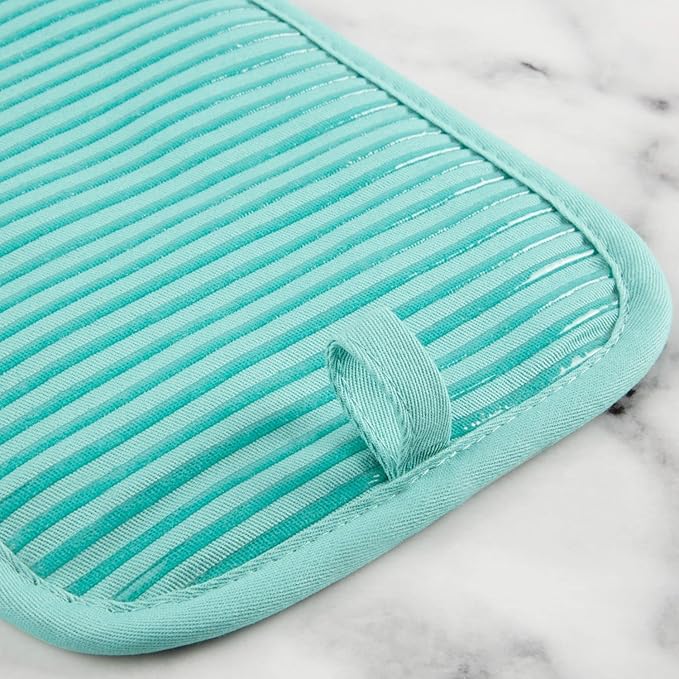 KITCHENAID Quilted Cotton Terry Cloth Oven Mitt, Pot Holder, Kitchen Towel 4-Pack Set, Heat Resistant, Silicone Grip, 16"x26", 7"x13" & 7"x10", Aqua Sky