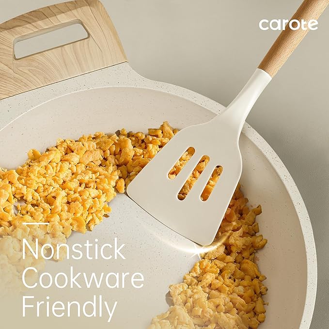 CAROTE Silicone Cooking Utensils Set, Kitchen Utensils Set 10 Pcs for cooking, BPA Free Spatula Set with Heat Resistant Wood Handles for Nonstick Cookware (Cream White)