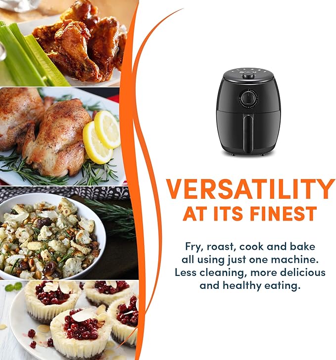 Elite Gourmet EAF-0201 Personal Compact Space Saving Electric Hot Air Fryer Oil-Less Healthy Cooker, Timer & Temperature Controls, 1000W, 2.1 Quart, Black