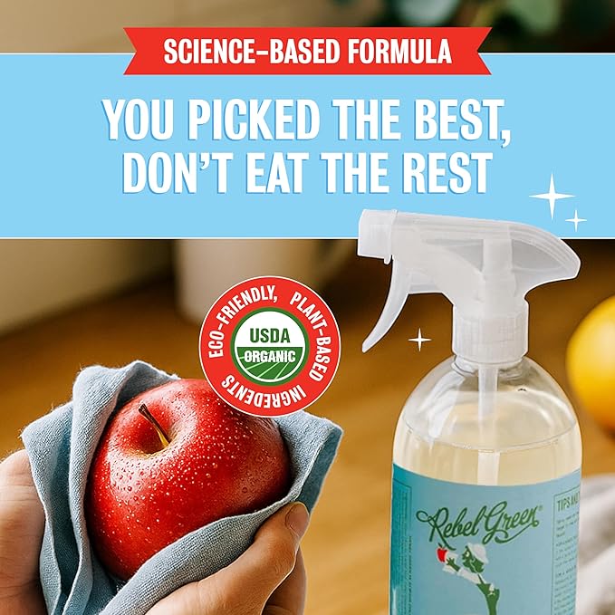 Rebel Green Fruit & Veggie Clean — Plant-Based Produce Cleaner—Natural Fruit and Vegetable Wash with No Aftertaste — Chemical & Wax Removal — Made with Organic Extracts of Citrus — Half Gallon