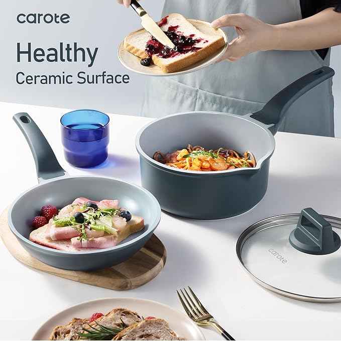 CAROTE 14 Pcs Ceramic Cookware Set, Pots and Pans Set Non Stick with Ceramic Coating, Induction Kitchen Sets