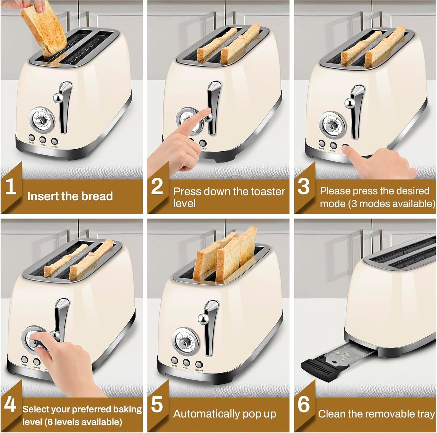 SUSTEAS Toaster 4 Slice Wide Slot, Stainless Steel Bread Bagel Toasters, Retro Long Slot Tostadora for Defrost, Reheat, Removable Crumb Tray, 1500W, 6 Browning Settings, Beige