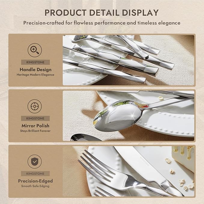 KINGSTONE Silverware Set, Luxury 20 Piece Flatware Set for 4, 18/10 Stainless Steel Cutlery Set with Diamond Cut Pattern for Kitchen, Home, Wedding, Party, Mirror Polished and Dishwasher Safe