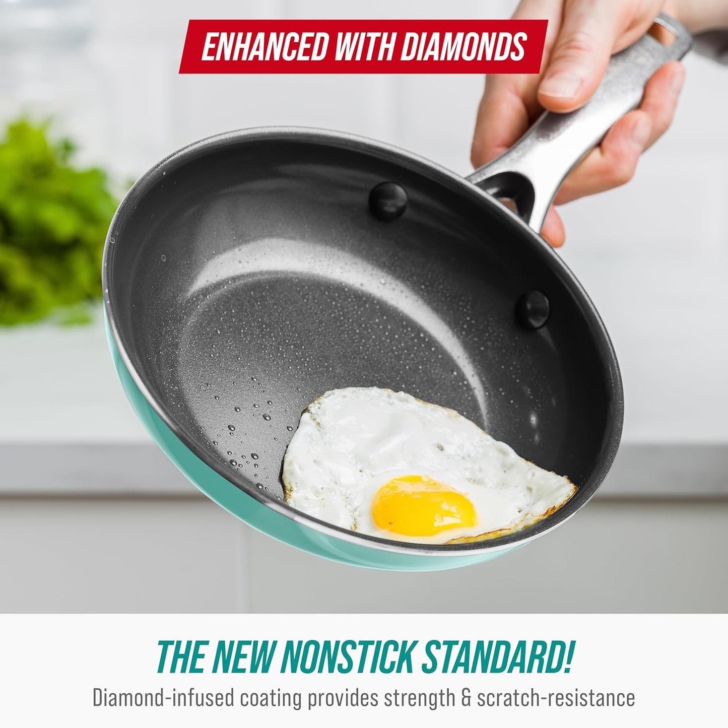 Blue Diamond 8" Nonstick Frying Pan Skillet, Diamond Infused PFAS & PTFE-Free Ceramic Pot, Dishwasher & Oven Safe, Stay Cool Handle, Durable Non Toxic Metal Utensil Safe, Egg & Omelet Pan, Turquoise
