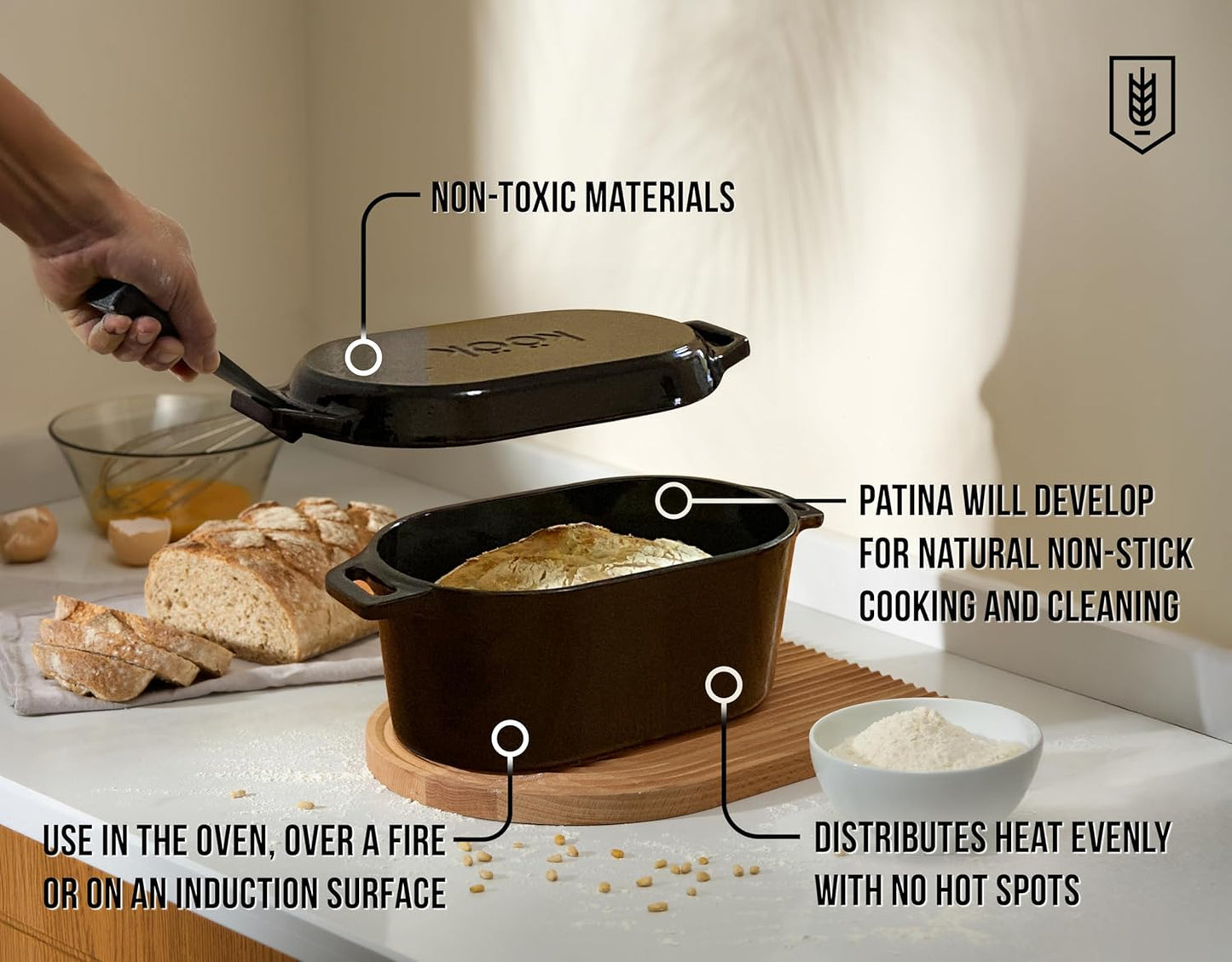 Kook Dutch Oven with Lid, Sourdough Bread Baking Supplies, Banneton Bread Proofing Set, Dual Handles, Enameled Cast Iron, Great for Baking Bread, 3.4 Qt, Artisan Sourdough Bread Making Kit, 9.8 Inch Rattan Baskets and Liners, Oval