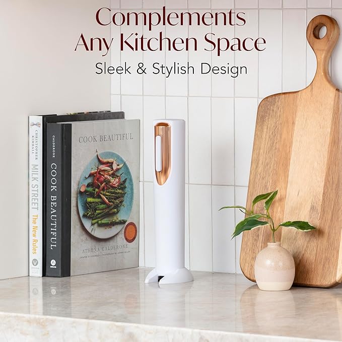 Electric Wine Opener Battery Operated with Stand and Built-in Foil Cutter - Automatic Wine Opener - Electric Corkscrew for Easy Cork Removal - Best Gift for Wine Lover (White & Rose Gold)
