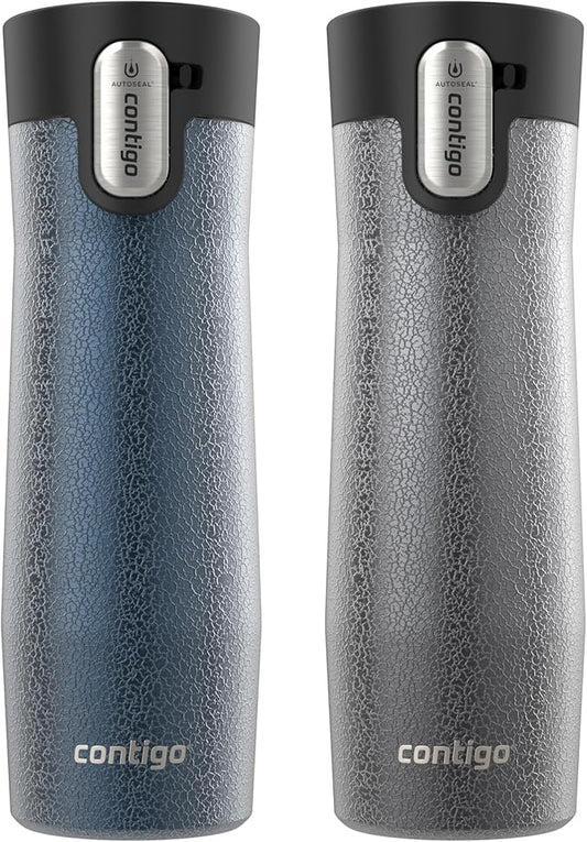 Contigo AUTOSEAL West Loop Vacuum-Insulated Stainless Steel Travel Mug with Easy-Clean Lid 20 oz 2-Pack Crystal Blueberry; Crystal Sake