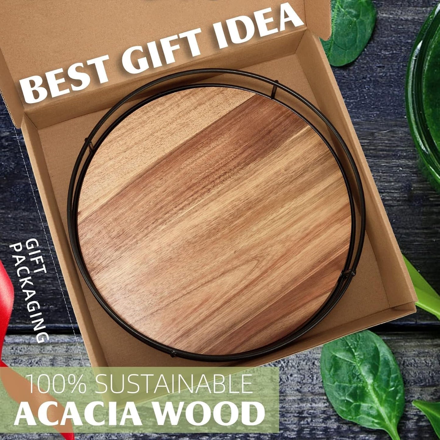 12" Acacia Wood Lazy Susan Turntable, Tomoaza Kitchen Organizer Turntable with Steel Sides, 360 Degree Lazy Susan for Countertop Cabinet or Dining Table(Black)