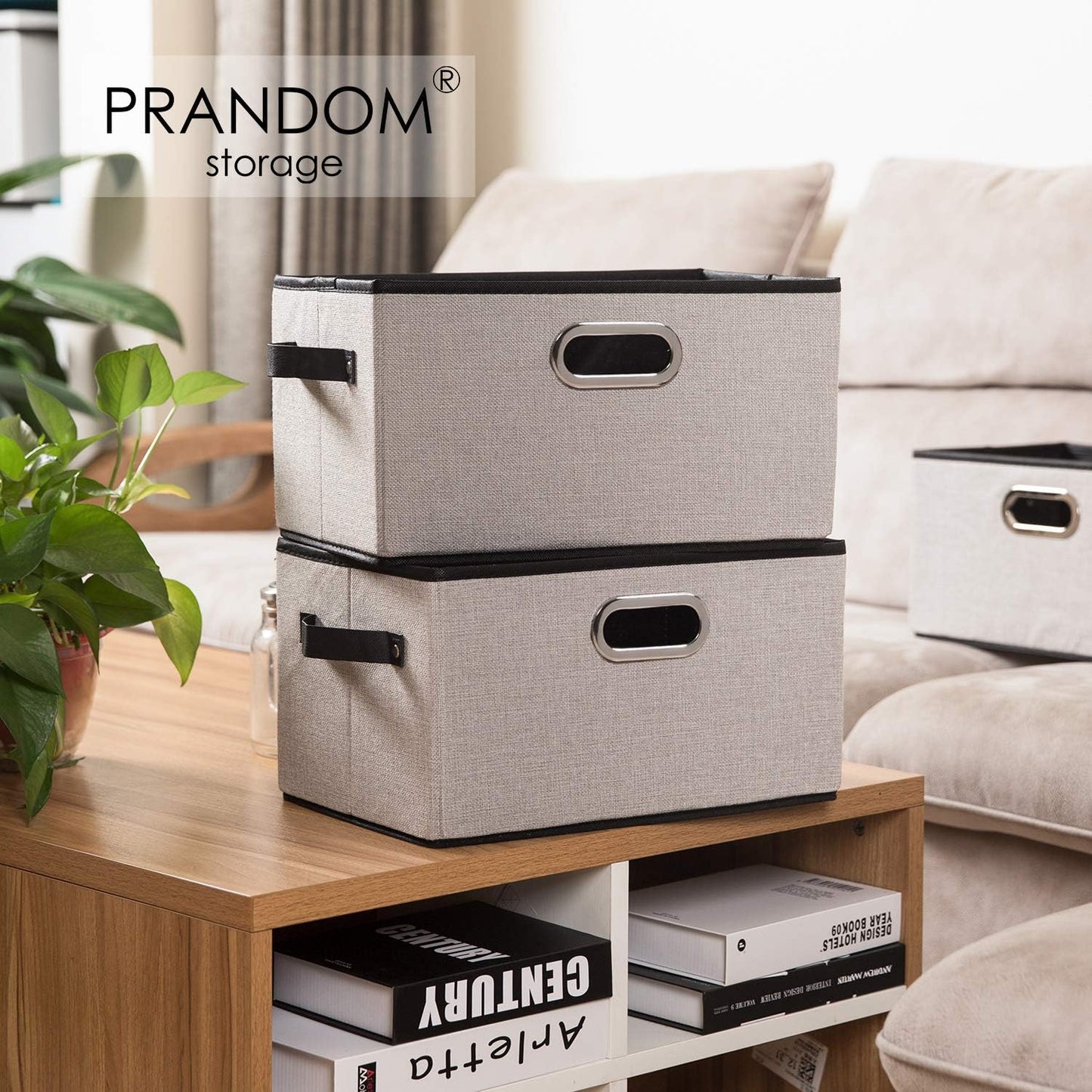 PRANDOM Larger Collapsible Storage Bins for Closet [5-Pack] Decorative Linen Fabric Storage Baskets Cubes with Leather/Metal Handles for Living Room Light Grey (17.3x12.2x10.4 Inch)