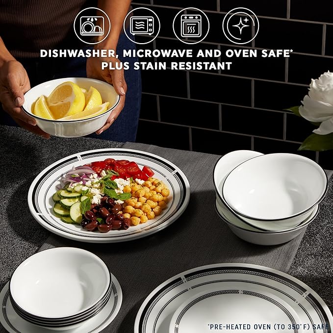 Corelle 18-Piece Round Dinnerware Set Service for 6, Lightweight Round Plates and Bowls Set, Vitrelle Triple Layer Glass, Chip and Scratch Resistant, Microwave and Dishwasher Safe, Brasserie