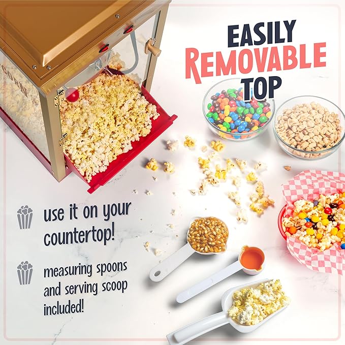 Nostalgia Vintage 8 Ounce Professional Popcorn Cart Makes Up to 32 Cups, Three Storage Candy & Kernel Dispenser Also for Nuts, Chocolate, Measuring Spoons and Scoop Included, Red