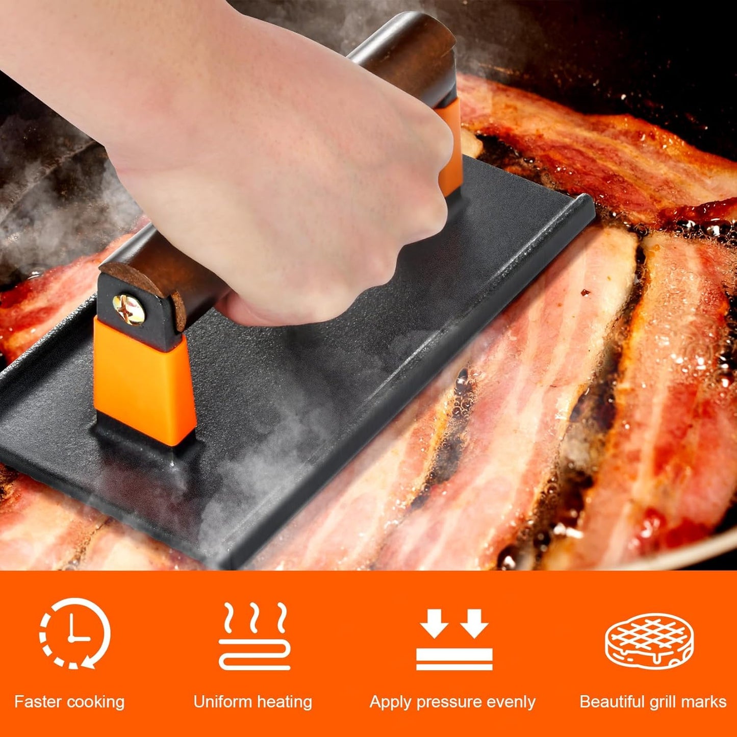 GGC Bacon Press for Griddle, Cast Iron Smash Burger Press for Hamburger, Steak, Bacon, Sandwiches, 8"x 4" Rectangle Meat Press with Wooden Handle for Grill and Griddle Cooking(10Pcs Patty Paper)