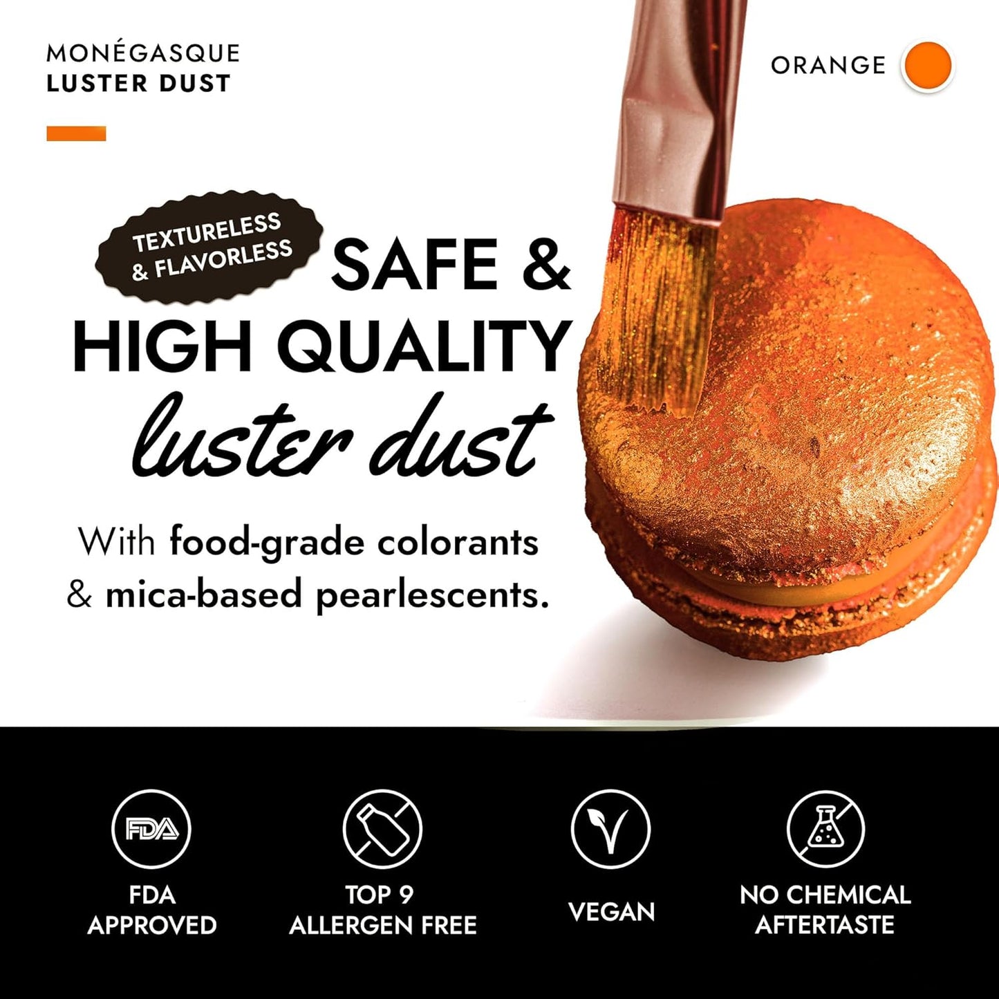 MONÉGASQUE Orange Edible Glitter for Drinks 7g – Edible Glitter for Cakes & Cocktails - Orange Luster Dust for Cocktail, Halloween Cake, & Strawberries - Drink, Food Decorations, Cake Decorating Spray