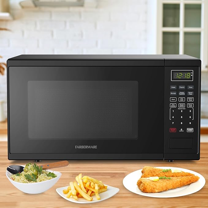 Farberware 1.1 Cu. Ft. Countertop Microwave Oven – 1000 Watts Power, Auto Cook Settings, Defrost, Easy Clean and Child Safety Lock - Black