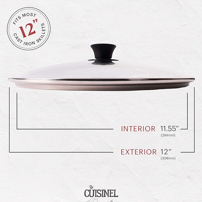 Glass Lid - 12"-inch/30.48-cm/308mm - Compatible with Lodge - Fully Assembled Tempered Replacement Cover - Oven Safe for Skillet Pots Pans: Universal for all Cookware: Cast Iron, Stainless, Non-Stick