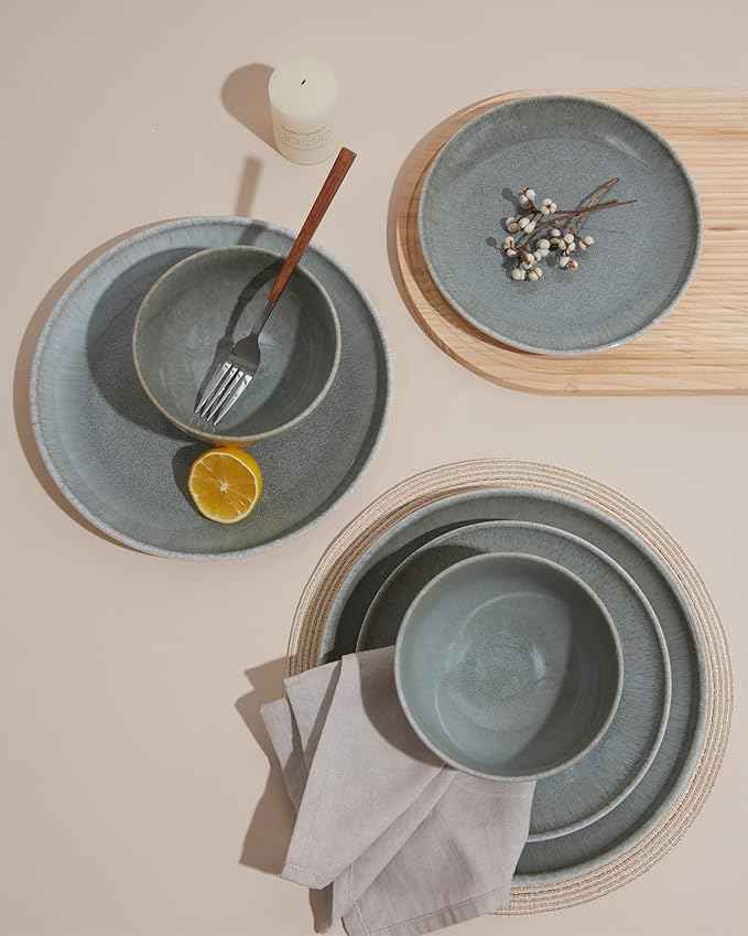 16 Piece Double Bowl Dinnerware Sets, Stain Resistant Dish Set with Pasta Bowls, Easy Cleaning Dishes, Multi-Functional Plate and Bowl, Stack Compactly Plate Set, Service for 4