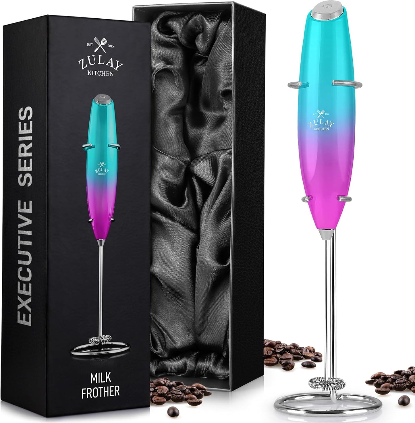 Zulay Kitchen Executive Series Milk Frother Wand - Upgraded & Improved Stand - Ideal Coffee Gift - Coffee Frother Handheld Foam Maker For Lattes - Electric Milk Frother Handheld For Cappuccino