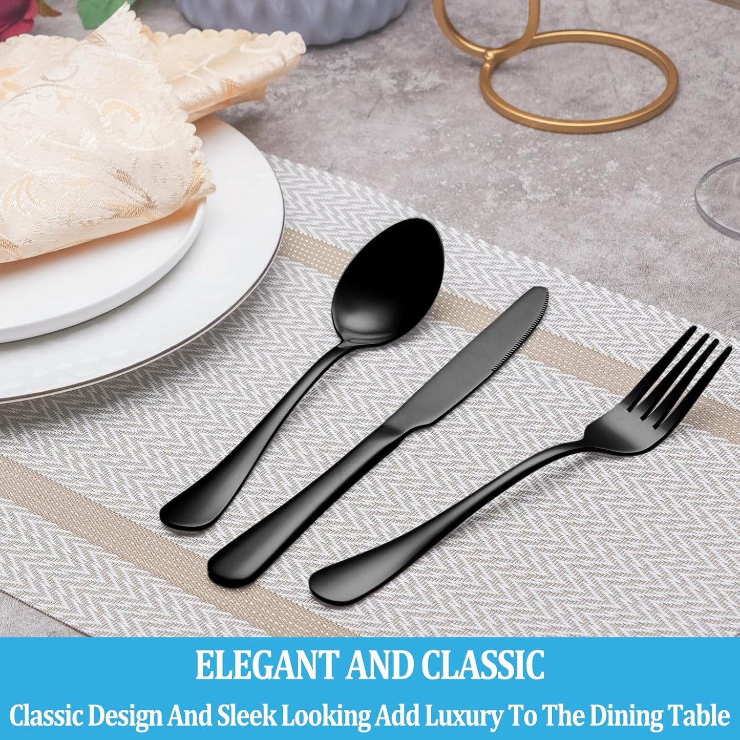 60 Pcs Black Silverware Set, Stainless Steel Serving Sets Service for 12, Mirror Polished Serving Utensils Set, Durable Home Kitchen Eating Tableware Set, Include Fork Knife Spoon Set,Dishwasher Safe