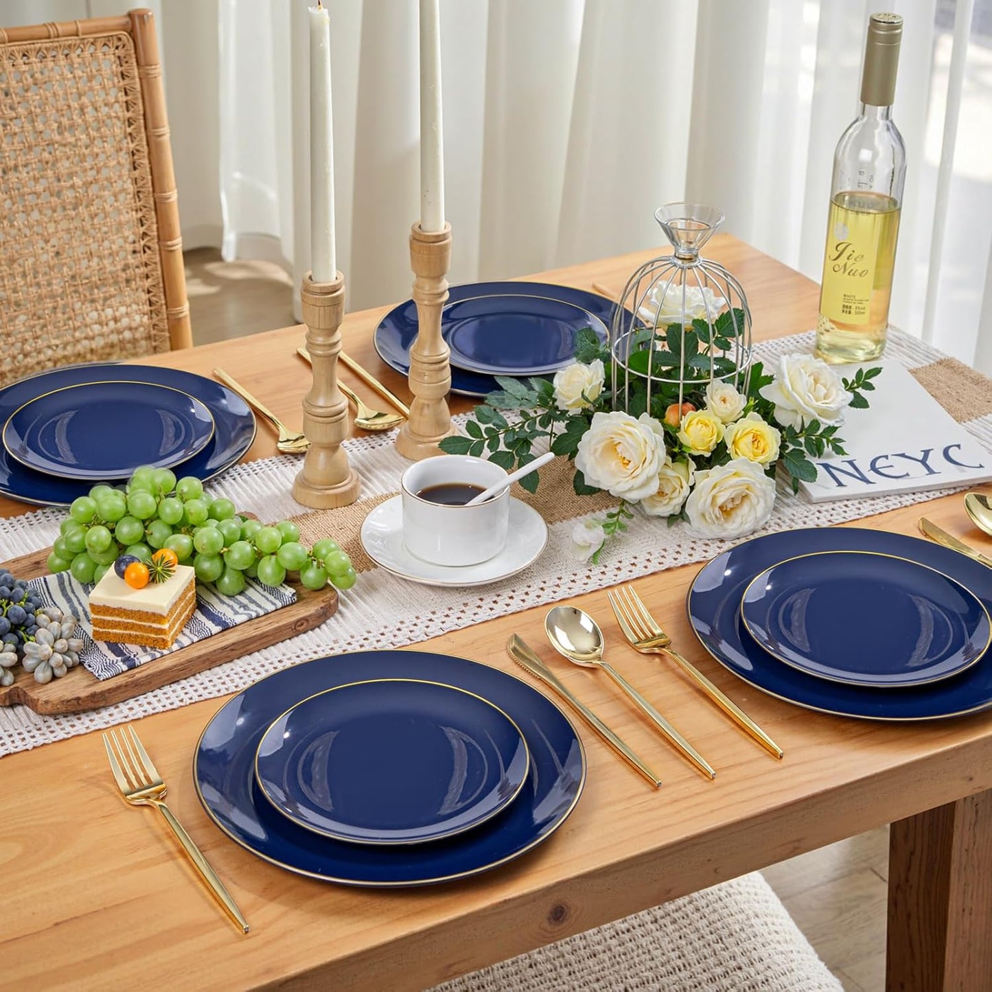 PULOTE 200 Pieces Blue Plastic Plates - Navy Blue and Gold Disposable - Include 100PCS 10 inch Dinner & 100PCS 7 inch Dessert Plate for Party