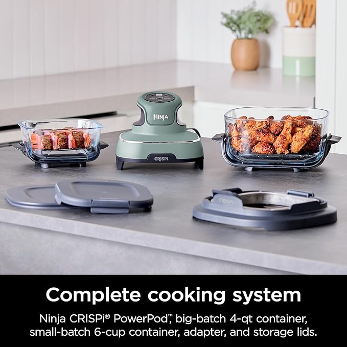 Ninja Crispi 4-in-1 Glass Air Fryer | 450°F | Non-Toxic | 4QT & 6-Cup Glass Containers w/Lids | Microwave, Freezer, Dishwasher Safe | Max Crisp, Air Fry, Bake, Recrisp | Green | FN101SG