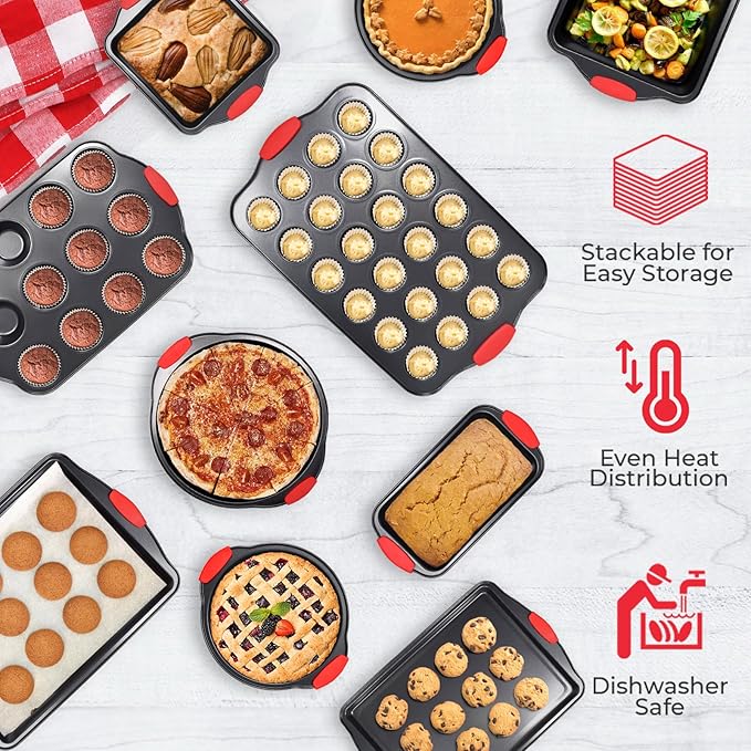 PERLLI Non-Stick 10-Piece Baking Pan Set, BPA-Free Carbon Steel Bakeware Set with Silicone Handles, Stackable Kitchen Oven Set, Cookie Sheet, Baking Tray, Baking Sheet Set, Oven Safe (446°F)
