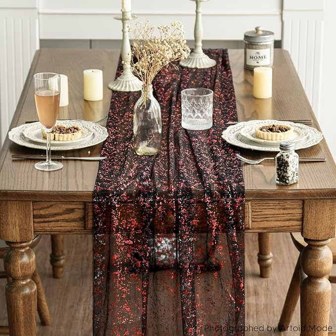 Artoid Mode 6PCS Black Red Gold Gauze Table Runner 120 Inch 10FT, Glitter Metallic Foil Sheer Dining Wedding Anniversary Holiday Table Decor for Home Party