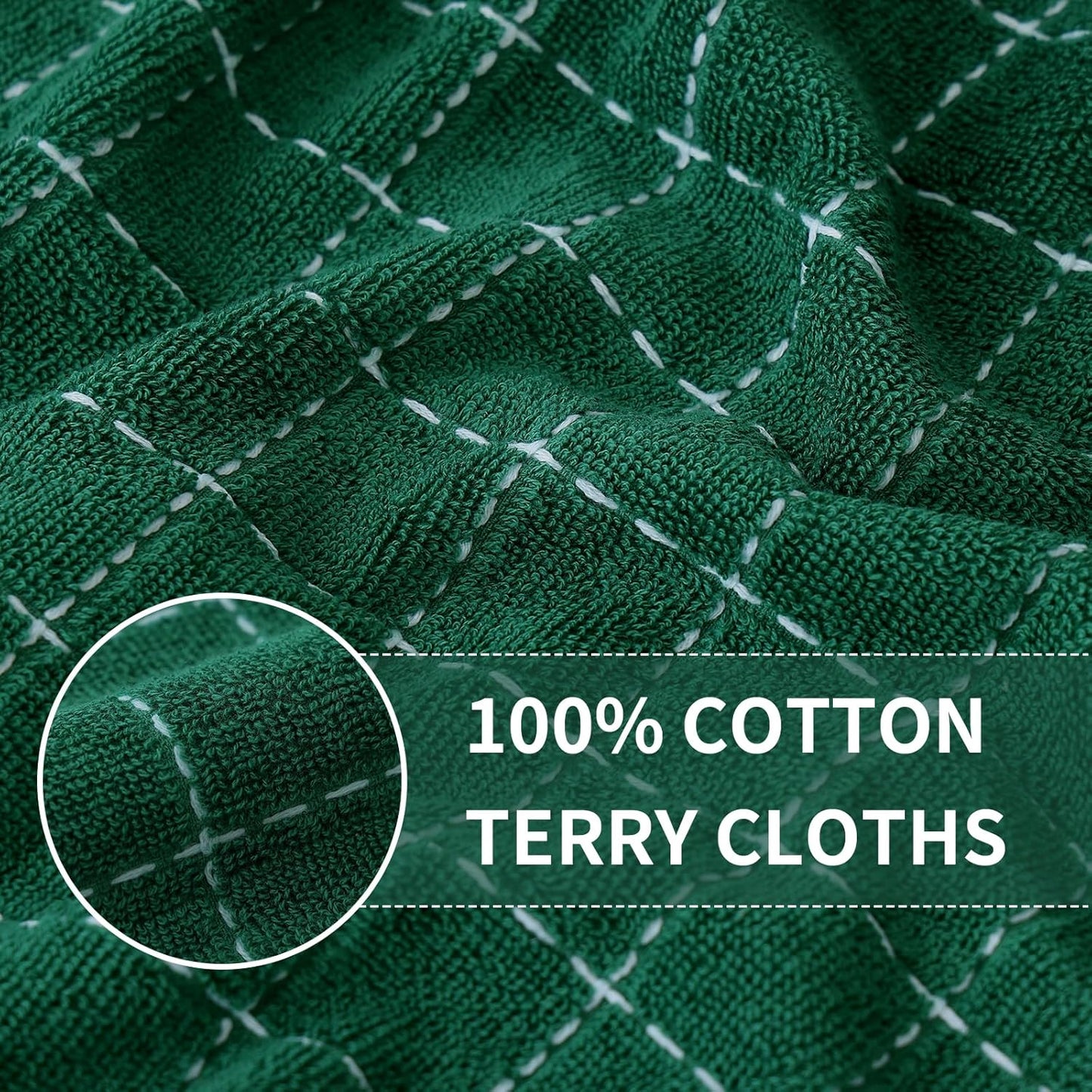 Homaxy 100% Cotton Terry Kitchen Towels(Dark Green, 13 x 28 inches), Checkered Designed, Soft and Super Absorbent Dish Towels, 4 Pack