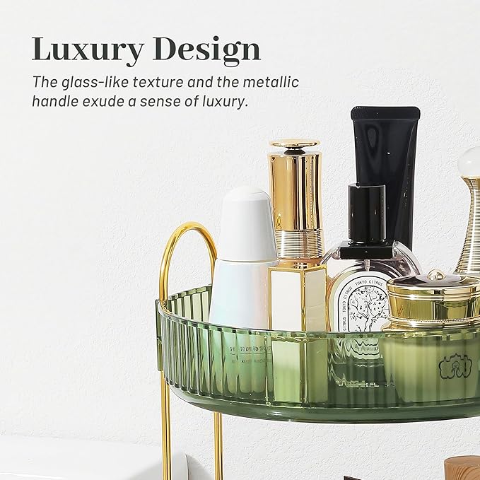 Rotating Makeup Organizer for Vanity, Perfume Skincare Lipstick Organizers for Bathroom Countertop, Clear Make up Storage for Dresser, Bathroom Cosmetics Organizer Storage 360 Spinning(2 Tier, Green)