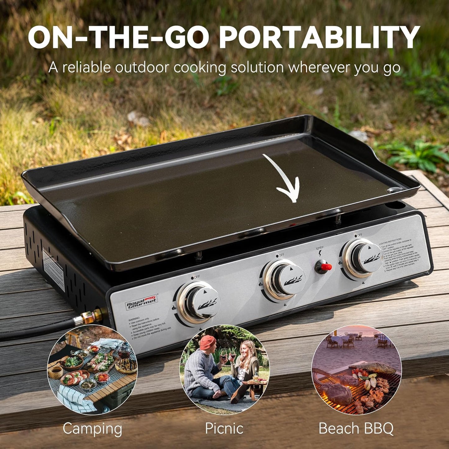 Royal Gourmet PD1301S Portable 24-Inch 3-Burner Table Top Gas Grill Griddle with Cover, 25,500 BTUs, Outdoor Cooking Camping or Tailgating, Black