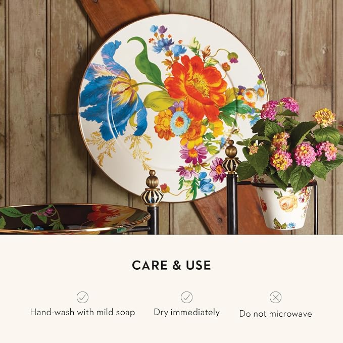 MACKENZIE-CHILDS Enamel Serving Platter, Decorative Serving Platter for Food, 16 Inches, White Flower Market