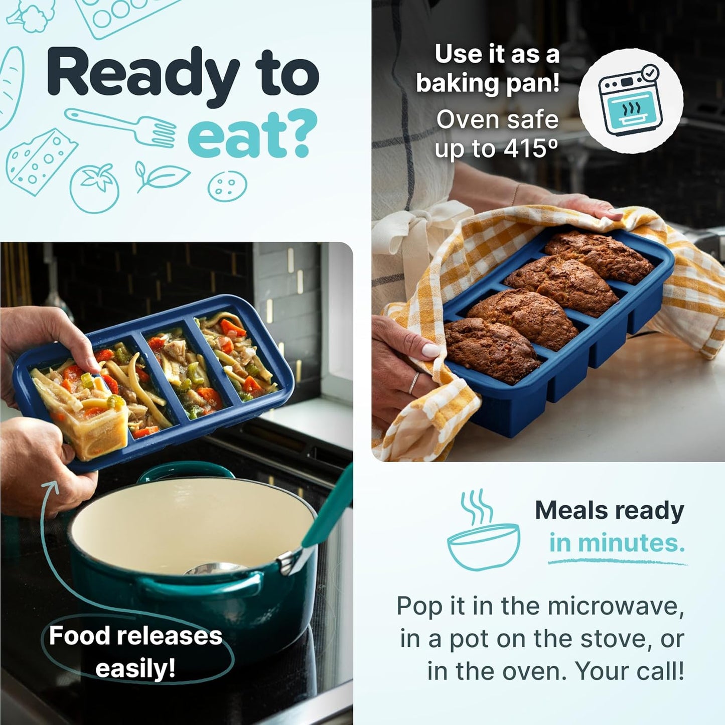 Souper Cubes 1 Cup Silicone Freezer Tray with Lids, Perfect for Storing Broth, Leftovers, Rice, Sauce and More, Silicone Soup Freezer Molds for Meal Prepping - Blueberry - 2-Pack