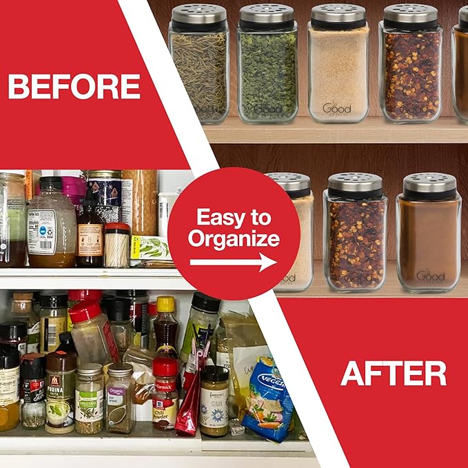 Adjustable Glass Spice Jars (Set of 24) with 6 Pouring Sizes- Stainless Steel Lid/Cap- Square Seasoning Bottle Containers for Minimalist Kitchen Pantry Storage Organization- Fill Shaker w Salt Pepper