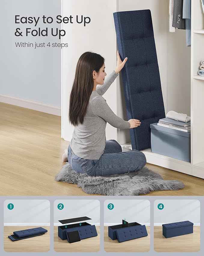 SONGMICS MAZIE Collection - 43 Inches Folding Storage Ottoman Bench, Ottoman Foot Rest, End of Bed Bench, Storage Chest, Load 660 lb, for Living Room, Bedroom, Entryway, Midnight Blue ULSF77IN