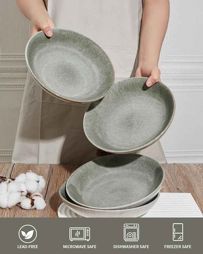 16 Piece Double Bowl Dinnerware Sets, Stain Resistant Dish Set with Pasta Bowls, Easy Cleaning Dishes, Multi-Functional Plate and Bowl, Stack Compactly Plate Set, Service for 4