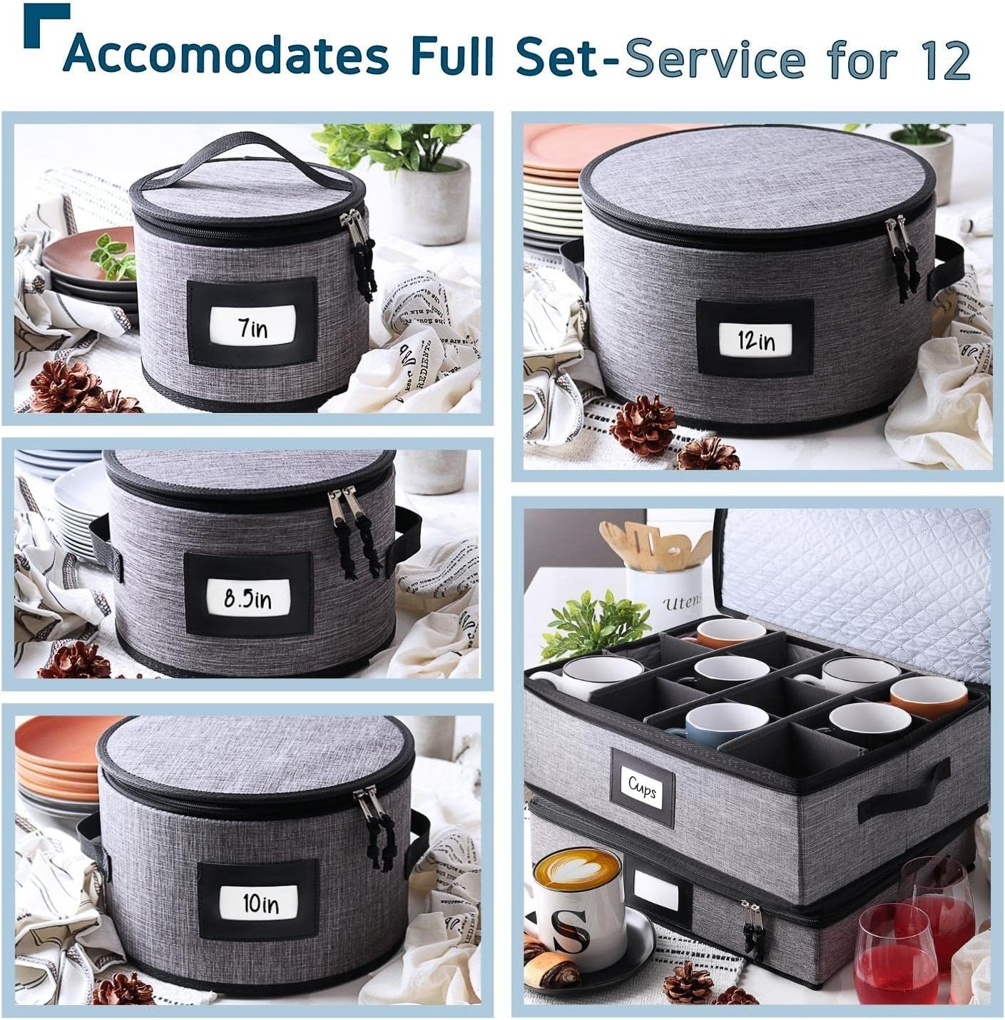 Fine China Hard Shell Dish Organizer - 5 Piece Stackable Mug and Plate Storage Containers with Dividers for Moving and Seasonal Storage, Grey