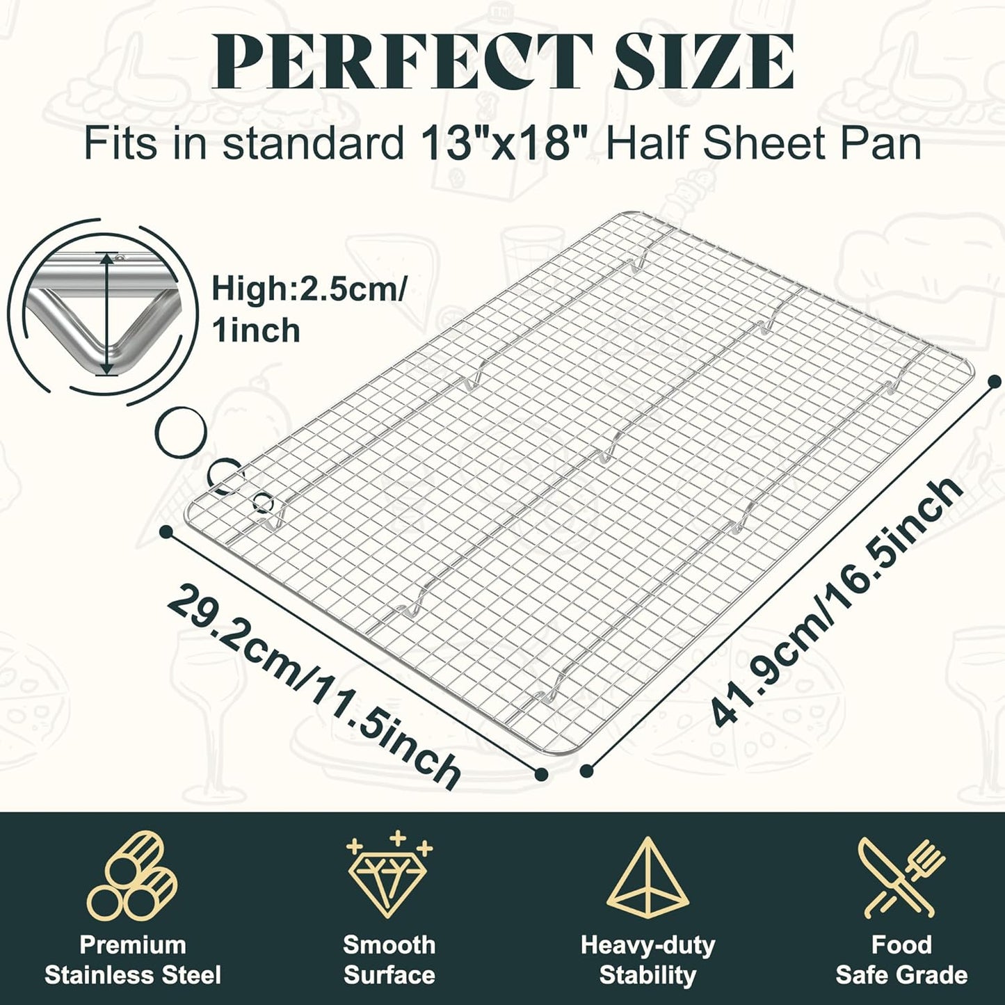 Cooling Racks for Cooking and Baking-11.5"x16.5" Oven Safe Premium Stainless Steel Heavy Duty Baking Rack Tight-Wire, Fits Half Sheet Pan for Roasting & Grilling & Cooking-1 Pack