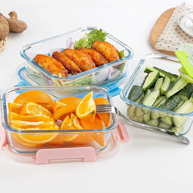 C CREST [10-Pack Glass Food Storage Containers (A Set of Five Colors), Meal Prep Containers with Lids for Kitchen, Home Use - Airtight Glass Lunch Boxes
