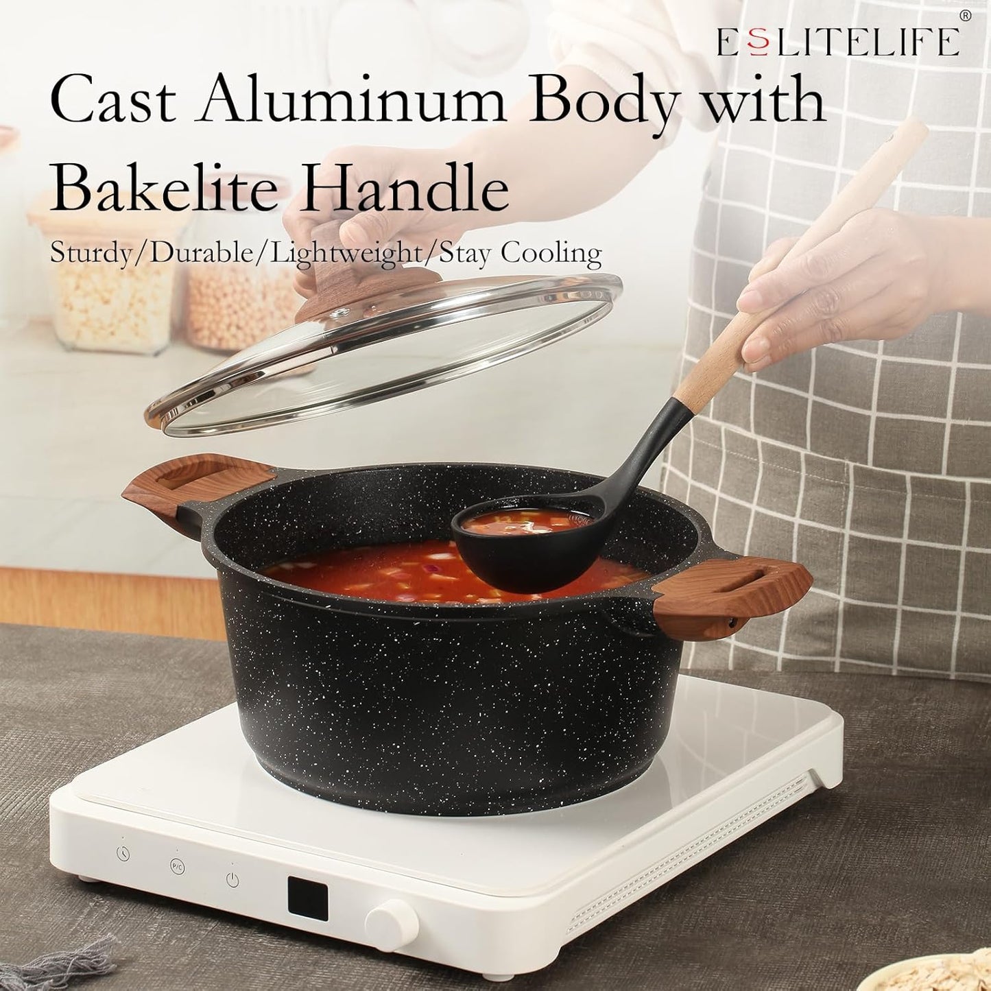 ESLITE LIFE Nonstick Stock Pot with Lid, 3 Quart Granite Casserole Small Soup Pot Pasta Cooking Pot, Induction Compatible, PTFE & PFOA Free, Black