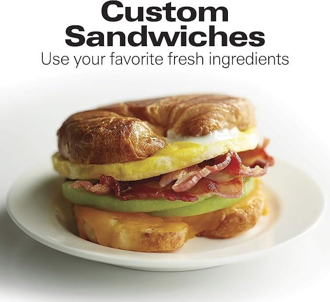 Hamilton Beach Breakfast Sandwich Maker with Egg Cooker Ring, Customize Ingredients, Perfect for English Muffins, Croissants, Mini Waffles, Perfect White Elephant Gifts, Black (25477)