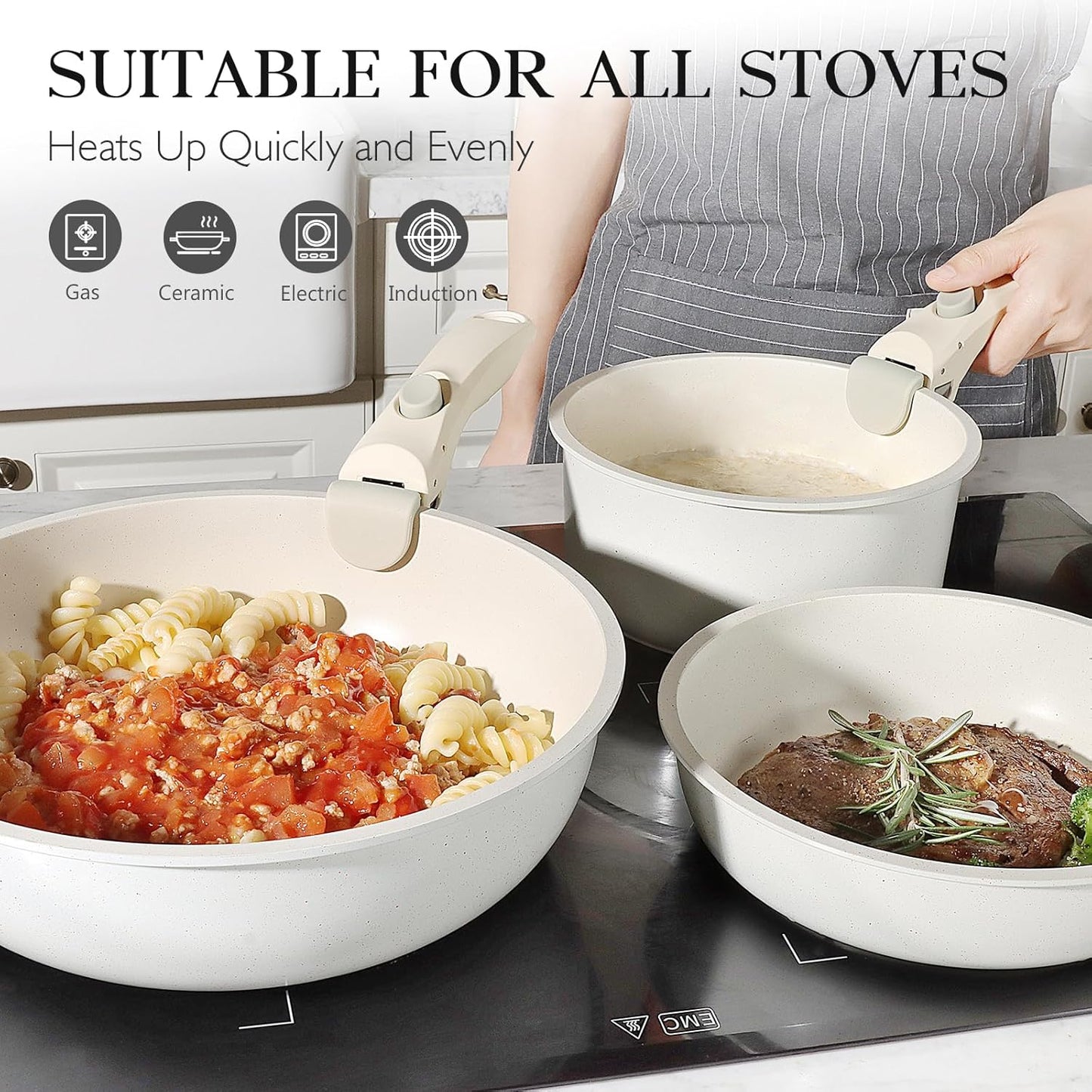 GiPP Non Stick Frying Pans Set Removable Handle, Oven Safe Nonstick Fry Pan Skillets with Detachable Handle, Granite Coating Healthy Cooking Compatible with All Stovetops, PFOA Free, RV Cookware set