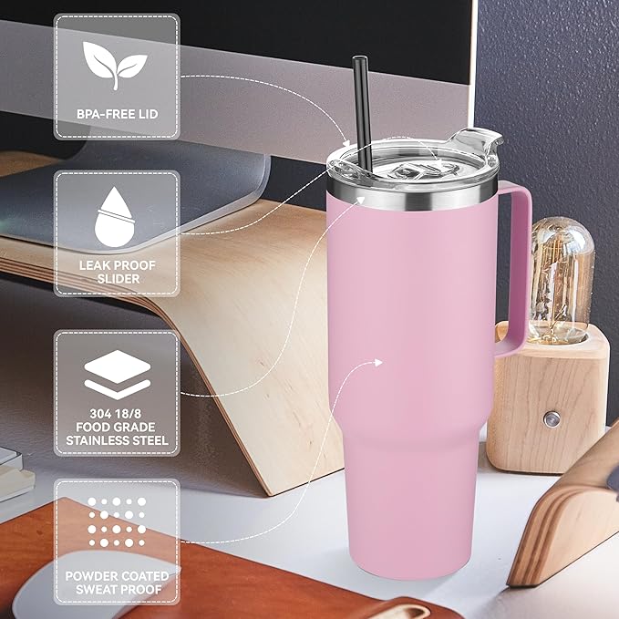 HASLE OUTFITTERS 40 oz Stainless Steel Tumbler with Handle, Vacuum Insulated Tumblers Bulk, Reusable Double Wall Travel Coffee Mug, Durable Powder Coated Water Bottle(Pink, 4)