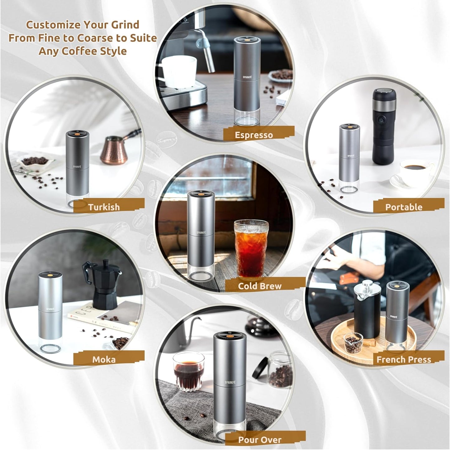 Portable Electric Coffee Grinder, Rechargeable Wireless Handheld Grinder with Stainless Steel Conical Burr, Adjustable Grind Settings, for Espresso, Moka, Pour Over, French Press, Cold Brew