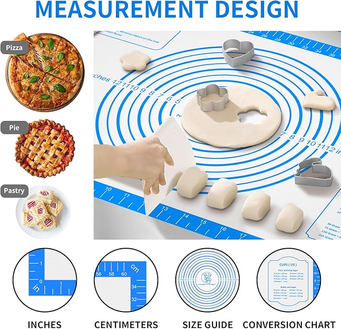 Pastrty Mat for Dough Rolling, Silicone Baking Mat with Measurement, Fondant Mat for Making Cookies Macarons Bread Pizza Oven Mat, Silicone Mat for Baking