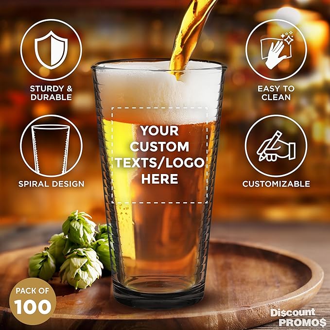 Custom Spiral Pint Glass 16 oz. Set of 100, Personalized Bulk Pack - Beer Glasses, Heavy Duty Drinkware - Black