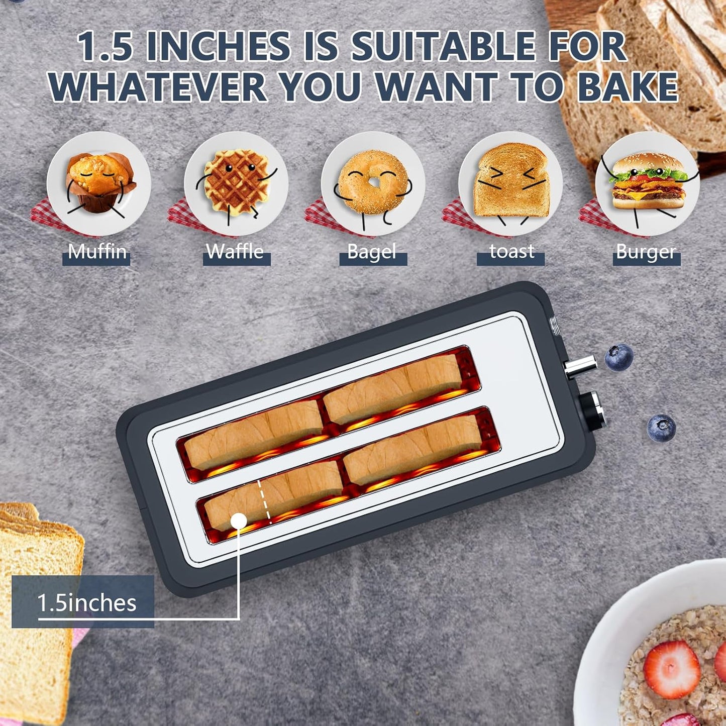 4-Slice Toaster, Extra Wide Long Slot Toaster with Warming Rack, 6 Browning Settings, Bagel/Defrost/Reheat Functions, Removable Crumb Tray, Stainless Steel Housing 1350W (1, Matte Blue)