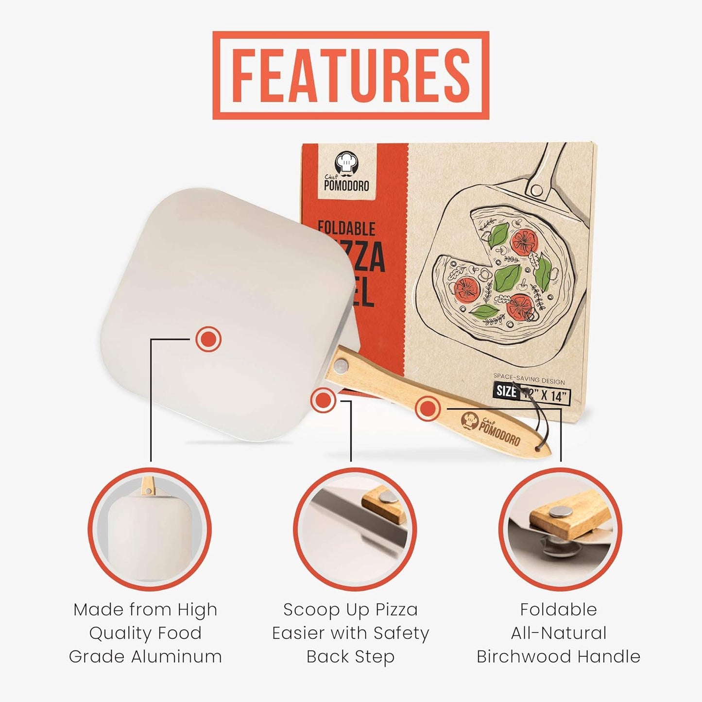 Chef Pomodoro Aluminum Metal Pizza Peel with Foldable Wood Handle for Easy Storage, Pizza Spatula, Gourmet Luxury Pizza Paddle for Baking Homemade Pizza Bread (12 x 14 inch + 14 inch Cutter)